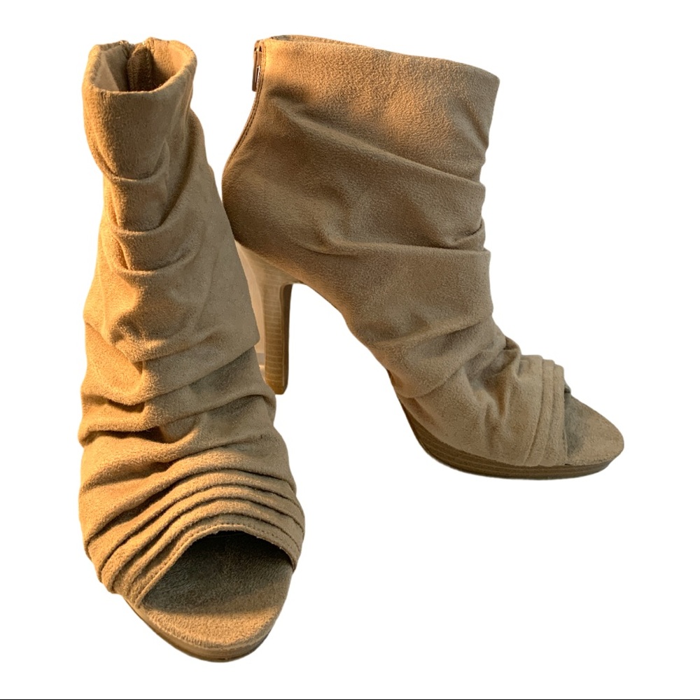 Fioni Faux Suede Open Toe Tan High Heel Zip Ankle Shoe